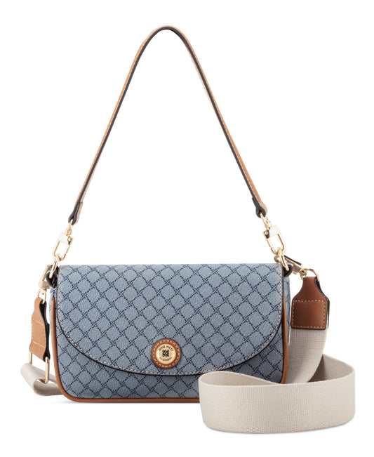 Cartera Nine West Rigina Mini Flap Crossbody-Chambray Logo/Brandy
