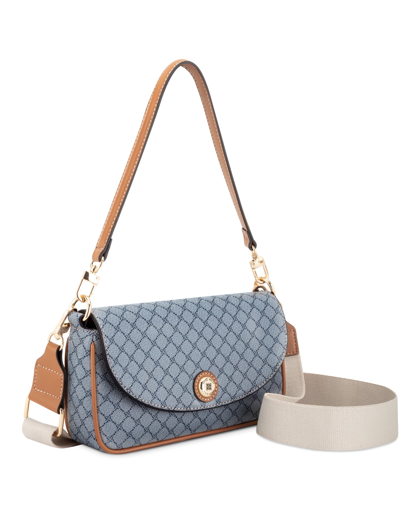 Cartera Nine West Rigina Mini Flap Crossbody-Chambray Logo/Brandy